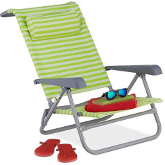 Relaxdays Folding Deck Chair, 8-Level Adjustable, Beach Chair with Neck Cushion, Armrests and Bottle Opener, Green/White, 1 Piece, 10035905