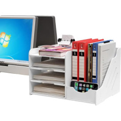 Multifunctional Storage Box with Document Folder, A4.5 Tier Desk Organizer Accessories for A4 Paper, Documents, Magazine, Office Supplies for School, Home, Office (White)