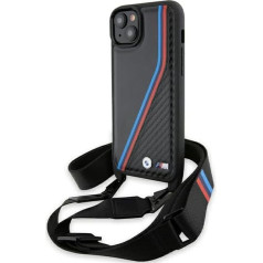 CG Mobile BMW BMHCP15S23PSVTK Case for iPhone 15/14/13 Black Hard Case M Edition Carbon Tricolour Lines & Strap