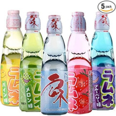 Hatakosen Ramune Lemonade Fruity Gift Set 5 x 200ml Bottles Original Strawberry, Melon, Blueberry and Pineapple Flavour