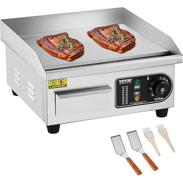 VEVOR Commercial Electric Grill, 2000W Flat Grill Plate for Countertop, Adjustable Temperature from 50-300°C, Stainless Steel Grill Plate with 2 Scoops and 2 Brushes for Restaurant