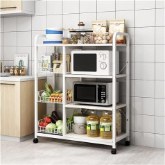 Kitchen Shelf with Wheels and Wire Basket, Metal Frame, Multipurpose Baker's Rack for Microwave, Oven, Stand and Table Storage, White Colour, Kitchen Shelves, Cart