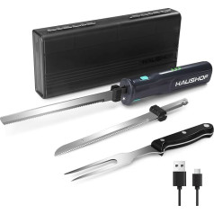 HAUSHOF Electric Knife, Wireless Kitchen Knife with 2 Stainless Steel Blades, Electric Knife with Fork, 2000 mAh Battery for Precise Cutting of Bread, Meat and Cheese, with Storage Box, Grey