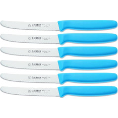 Giesser Messer - Made in Germany - Set of 6 Bread Knives, Tomato Knives, Kitchen Knives, Utility Knives, Vegetable Knives, 3 mm, Serrated Blade Length 11 cm, Light Blue