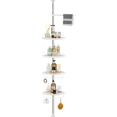 GRICOL Height-Adjustable Shower Shelf No Drilling Shower Shelf Corner Stainless Steel Corner Shelf Bathroom Shelf with 4 Baskets and 1 Towel Rail for Bath and Bathroom Rustproof 95-305 cm White