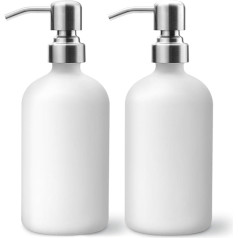 LavaPop Soap Dispenser Set (2 Pack, White) Glass Bottles with Stainless Steel Pump and Non-Slip Silicone Coaster, Liquid Soap Dispenser