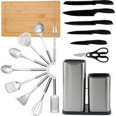 17-Piece Stainless Steel Kitchen Utensil Set (Including Knife Block with Knife, Cooking Utensils Set & Large Chopping Board). High Quality Cooking Cutlery Set with Knife Set, Cookware Set and Wooden