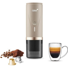 CERA+ Electric Portable Espresso Machine with 3-4 Minutes Self-Heating, 20 Bar 12 V Mini Battery Coffee Machine, Compatible with NS Capsule & Ground Coffee Travel Coffee Machine for Car, Camping Cream