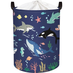 Clastyle 45L Blue Ocean Animal Shark Children's Laundry Basket for Bedroom Foldable Round Jellyfish Turtle Storage Basket for Clothes Toys 36 x 45 cm