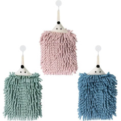 Adigau Towel Set of 3 Chenille Towels with 3 Hanging Loops for Kitchen and Bathroom Kitchen Towels Quick Drying Absorbent Funny Cute Children and Adults (Hedgehog) Blue/Pink/Green