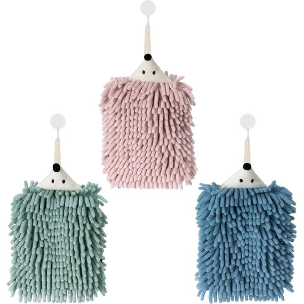 Adigau Towel Set of 3 Chenille Towels with 3 Hanging Loops for Kitchen and Bathroom Kitchen Towels Quick Drying Absorbent Funny Cute Children and Adults (Hedgehog) Blue/Pink/Green