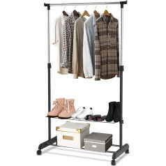 Costway Clothes Rack with Wheels Height-Adjustable Clothes Rail Wardrobe Rack Coat Rack Clothes Trolley Black