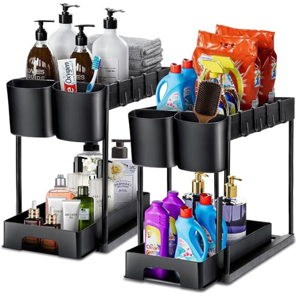 Pleafind Under Sink Storage, 2 Tiers Under Sink Kitchen Organiser with Pull Out Base Basket, Multipurpose Under Sink Organiser for Kitchen Bathroom - Pack of 2, Black