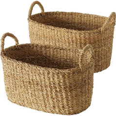 WHOLE HOUSE WORLDS Seagrass Baskets Set of 2 Oval Baskets Hand Woven with Handles Thick Knitting Pattern 48cm and 42cm