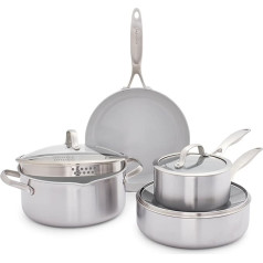 GreenPan Venice Pro Tri-Ply 7-Piece Cookware Pots & Pans Set, Healthy Non-Stick Stainless Steel Cookware, Includes Frying Pan, Saucepan, PFAS-Free, Induction, Dishwasher and Oven Safe, Silver