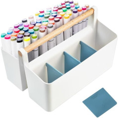 LIMITADA Bathroom Storage Box, Desk Organiser with Wooden Handle, Plastic Basket, Multi-Purpose Basket Organiser, Craft Basket, Portable Bathroom Organiser with 8 Compartments, Storage for Art and