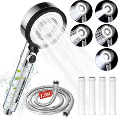Monemey Shower Head Filter with 1.5 m Hose, Water-Saving Shower Head with 4 Filters, Hand Shower Head Shower with 5 Jet Types High Pressure, One Button Stop Function, Rain Shower, Chrome
