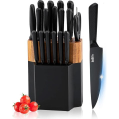 Justup Knife Block Set, 18-Piece Black Kitchen Knife Set with Wooden Block, Knife Set with Non-Stick Coating, Stainless Steel Knife Block with Knife, Professional Sharp Kitchen Knife Set (Black)