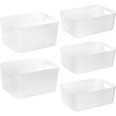 Peohud Pack of 5 White Plastic Storage Baskets, Pantry Organization and Storage Baskets with Handles, Open Plastic Storage Bins for Home, Kitchen, Office, Shelves, Closet,