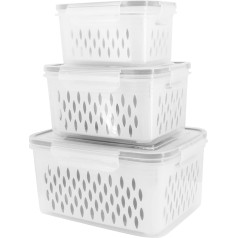 Buwico Food Storage Containers for Fruit Vegetables, Pack of 3 Fridge Organisers, Food Storage Storage with Lid, Fridge Containers with Drain, White