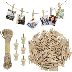 Mini Wooden Pegs, Photo String and Clothespins, 1 Inch Natural Small Clothes Pegs for Hanging Photos, Wooden Pegs with 10M Jute String for Photo Wall, Crafts, Weddings and Parties, 150