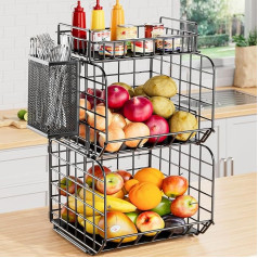 HYEIXZ Stackable Fruit Basket for Kitchen - Pack of 2 Fruit Bowls Hanging Wall Shelves Storage Baskets Kitchen Worktop Organiser for Fruit Vegetables Snacks with Removable Lid and Utensil Basket