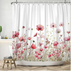 ASDCXZ Flowers Shower Curtain 180 x 180 cm, Spring Hand-Painted Red Rose Flowers Green Leaves White Bathroom Washable Shower Curtains Polyester Textile Waterproof Bath Curtain for Bath with 12 Hooks