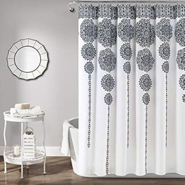 Lush Decor Navy Blue Striped Medallion Mandala Bohemian Damask Print Shower Curtain 72