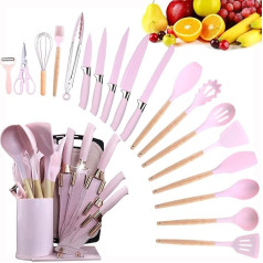 19-in-1 Kitchen Knife Set with Knife Holder Kitchen Utensils and Knife Set with 11 Pieces Silicone Cooking Tool Set 5 Pieces Sharp Stainless Steel Chef's Knife Scissors and Cutting Block (Pink)