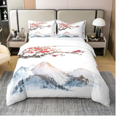 Cherry Blossom Duvet Cover 100% Washed Cotton for Girls Japanese Bedding Set Decorated with Red Flowers Japanese Ukiyoe Style Bedding Fuji 240 x 260 cm