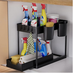 AIXPI Kitchen Organiser 2 Tiers, Under Sink Shelf with Hooks and Cup, Spice Rack, Dishwasher Organiser, Kitchen Shelf, Cupboard Organiser for Bathroom, Kitchen, Black