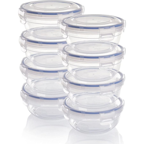 Grizzly Plastic Food Storage Containers Set, 8 x Storage Jars with Lid, Flat, Round, Stackable, Breakable, Microwave and Dishwasher Safe