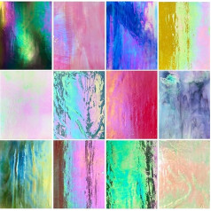 ILLUCKAI 12 Sheets Iridescent Stained Glass Sheet 4 x 6 Inch Rainbow Iridescent Glass Mosaic Tiles for Crafts, Stained Glass Accessories for Art Glass Projects and Mosaics