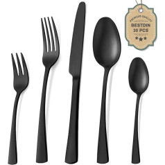 Bestdin Cutlery Set for 6 People, 30 Pieces Stainless Steel Cutlery Set Matte Black Cutlery Set with Knife Fork Spoon High-Quality Stainless Steel Cutlery Dishwasher Safe