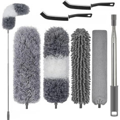 Washable Telescopic Duster, 7 Pieces, Duster, Rod and Bendable Corner Brush, Duster Microfibre Stainless Steel with Telescopic Rod, Long Extendable up to 254 cm, Dust Brush for Gaps Ceilings Cobwebs