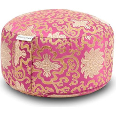 Yoga Laden Round Meditation Cushion, Brocade, 15 cm High, Yoga Seat Cushion with Washable Silk Cover, Comfortable Yoga Cushion with Organic Buckwheat Hull Filling