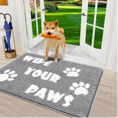 Enyhom Grey Doormat Indoor Washable 60 x 90 cm Dogs and Wipe Your Paws Design Dog Dirt Trapper Mat, Non-Slip Absorbent Dirt Trapper Door Mat