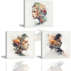 Piy Painting Elegant Woman Oil Painting on Canvas Picture Set, Picture on Canvas Woman Wearing Flowers Modern Wall Art Artwork with Inner Frame for Yoga Room Bathroom Office 3-Piece 30 x 30 cm