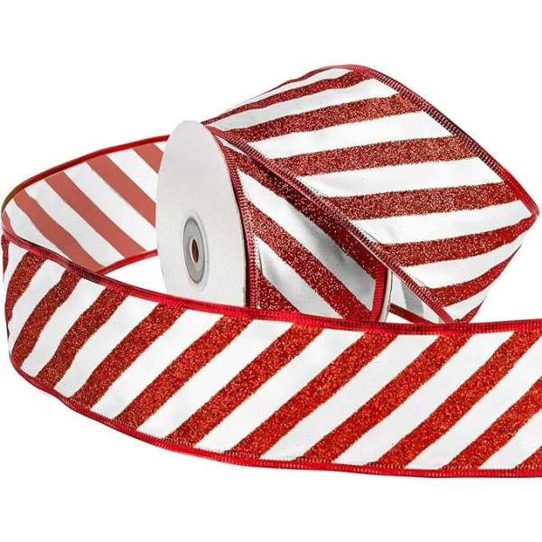 RUSPEPA Wired Christmas Holiday Ribbon - Red White Striped Ribbon - 63mm x 22m per roll - Red Wired Edge