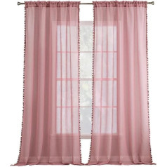 MIULEE Curtains with Pompoms, Pretty Dusky Pink Transparent Curtains for Children's Room, Girls, 2 Pieces, Curtain with Pompoms with Rod Pocket, Transparent Curtain with Pompoms, Each H 260 x W 140 cm
