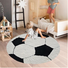 Wokii Football Round Play Rug, Children's Room, High Pile, Black Long Pile Baby Rug, Non-Slip, Easy Care, Washable Living Room Rug, 110 cm