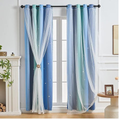 SeseBee 2 Piece Curtains for Girls Bedroom, Children's Room, Daughter Bedroom Window, Blackout Curtains, Star Shape, Eyelet Curtains (Blue Green Grey, 2P×W132×H160 cm)
