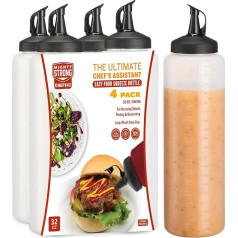 MIGHTY STRONG 4 Pack Spice Squeeze Bottles 32oz Easy Pour Sauce Sauce Bottles with Leakproof Snap Lock Plastic Squeeze Bottles for Sauce Condiment Bottles