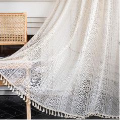Tospass Set of 2 Vintage, Country House Style Crocheted Curtains, Boho Cotton Lace Curtains with Tassels, Curtains for Living Room, Bedroom, Outdoors, 150 x 240 cm, Beige