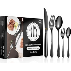 vancasso Cutlery Set 60-Piece, Black, for 12 People, Shiny 18/10 Stainless Steel Cutlery Set with Knife, Fork, Spoon, Dessert Spoon, Dessert Fork, Black Cutlery with Gift Box
