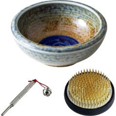 Wazakura Ikebana Tool Set, Made in Japan, Minoyaki Vase + 61 mm Kenzan + Kenzan Care Tool - Blue & Brown Vase + Brass Kenzan