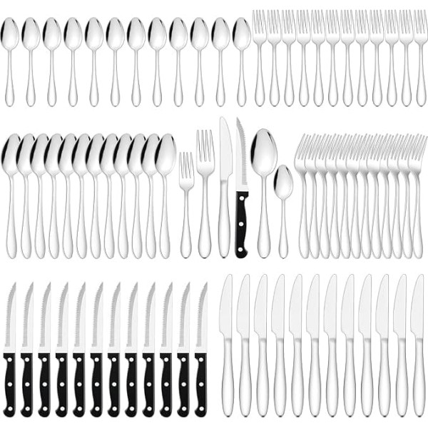Joyfair 72-Piece Stainless Steel Cutlery Set with Steak Knife, Cutlery Set for 12 People with Fork Knife Spoon, Elegant Cutlery Set for Family/Restaurant/Bistro/Party, Dishwasher Safe