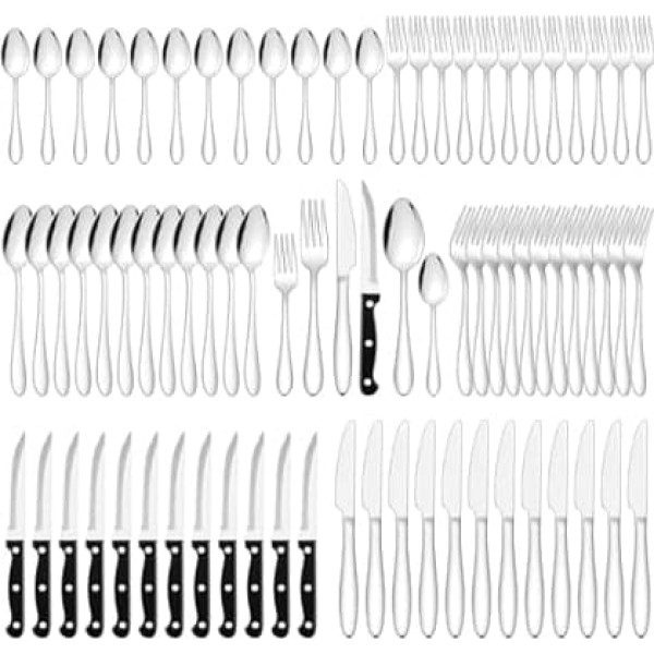 Joyfair 72-Piece Stainless Steel Cutlery Set with Steak Knife, Cutlery Set for 12 People with Fork Knife Spoon, Elegant Cutlery Set for Family/Restaurant/Bistro/Party, Dishwasher Safe