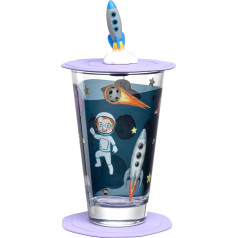 Leonardo Bambini Avventura 023673 Children's Glass with Lid and Saucer, Drinking Glass with Motif Made of High-Quality Glass, Size L, Capacity 300 ml, Dishwasher Safe, 3-Piece Set with Space Motif