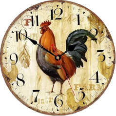 VIKMARI 30 cm Wall Clock Wooden Wall Clock Silent Vintage Kitchen Clock Battery Operated Silent Non-Ticking Quartz Movement Analogue Wall Clock Rooster Vintage Style Decoration for Kitchen Living Room